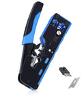 Ultimate 5 In 1 RJ45 CAT7 And CAT6A Network Tool Kit With Crimping Pliers For Pros, Snappy Mini Stripper, Heavy Duty Boots Plus Razor Sharp Blades For Fast Repairs, blue-black crimp tool open