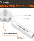 Diagram of Four Pack 3/4 Inch 5 Way PVC Fitting Elbow Connector for DIY shelving and storage frames, size details visible.