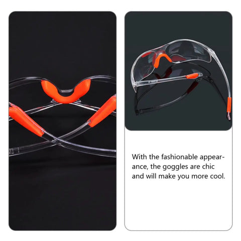 Rugged 4 Piece Set Of Anti Fog Safety Glasses Featuring Rock Solid Polycarbonate Shields and Soft Silicone Gaskets For Heavy Duty Workshop Protection Clear Impact Resistant Eyewear For Pros And Crew in clear with orange accents.