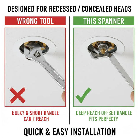 Image comparing fire sprinkler tools; shows correct 5 Piece Hella Durable Fire Sprinkler Spanner Wrench Kit for installation.