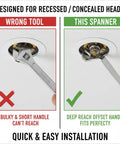 Comparison of fire sprinkler wrenches for recessed heads, showing heavy duty steel tool fitting perfectly on the right.