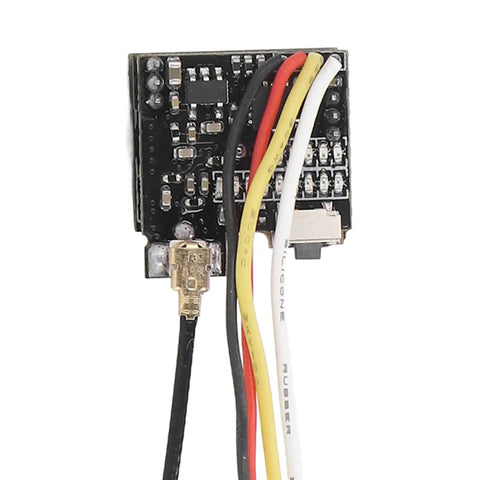 Close-up of FPV All In One Camera With 5.8GHz 40CH 25mW Switchable Transmitter circuit board with wires for indoor drone racing.