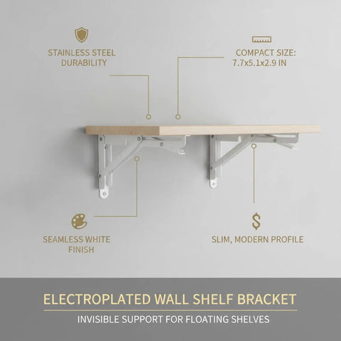 Sturdy Floating Shelf Brackets 7.7 X 5.1 X 2.9 Inches, Electroplated Stainless Steel With White Finish, fitted with plank on wall.