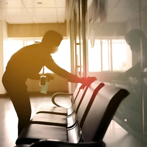 Person using Heavy Duty All Purpose Cleaner And Degreaser One Gallon to clean a chair in a commercial space.