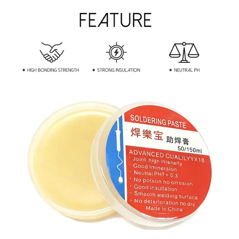 Open container of Soldering Flux Paste Set Lead Free No Clean Rosin Flux for PCB Boards, features and neutral pH label visible.