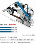 Heavy Duty Belt Grinder Sander 30X1 Inch With VFD Variable Speed Drive And Powerful 550W Brushless Motor on workbench with 100 grit belt.