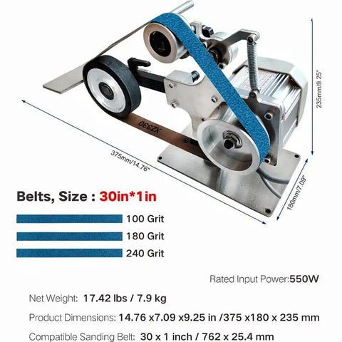 Heavy Duty Belt Grinder Sander 30X1 Inch With VFD Variable Speed Drive And Powerful 550W Brushless Motor on workbench with 100 grit belt.