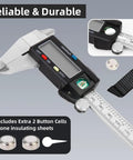 6-Inch Digital Caliper With Large LCD Screen, Stainless Steel Vernier Caliper with extra batteries and parts, close-up view.