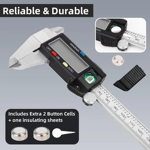 6-Inch Digital Caliper With Large LCD Screen, Stainless Steel Vernier Caliper with extra batteries and parts, close-up view.