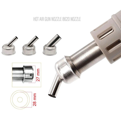 Pro Grade Stainless Steel Hot Air Gun Nozzle Set for Soldering Stations, 45 Degree Bent Nozzle, Close-Up with Measurements