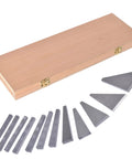 12-pack steel angle gauge blocks in a wooden case for machinist calibration.