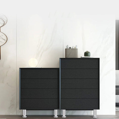 Heavy Duty Stainless Steel Furniture Legs Set Of 4 With Screws, Adjustable Feet, supporting black cabinets against a white wall