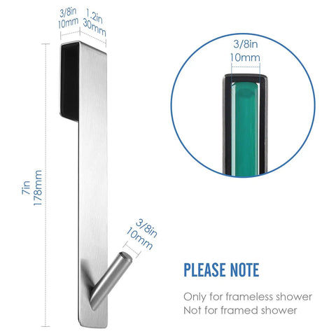 Diagram of Extended Seven Inch Over Door Hooks For Frameless Glass Shower Doors, width measurements and installation note.