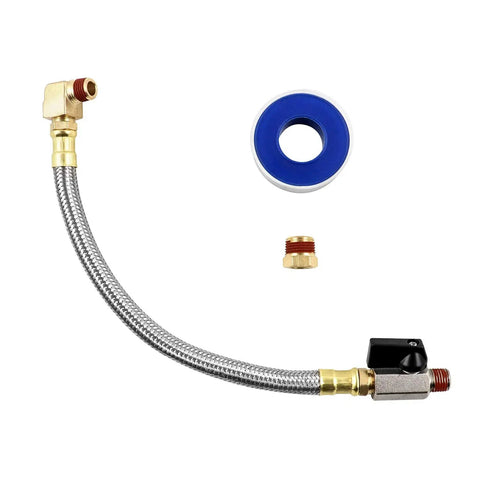 Extended Tank Drain Valve Kit For Air Compressors With 10 Inch Drain Hose, Brass Adapter, Thread Seal Tape, Braided Steel Body
