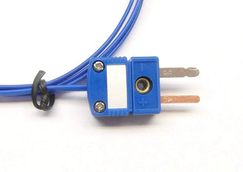 Blue PFA Insulated T-Type Thermocouple Probe With AWG 24 Wire, 3 Foot Lead, Heavy Duty Industrial Grade Temp Probe, connector view