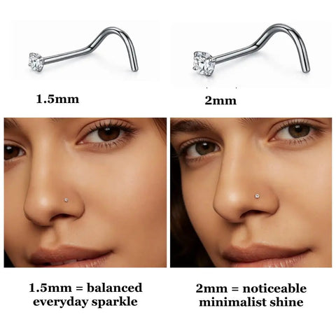 Implant Grade Titanium Nose Stud 20G With Dope Cubic Zirconia Sparkle and Lock Tight Corkscrew Design shown in 1.5mm and 2mm sizes on model.