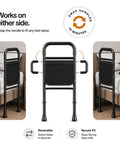 Senior Safe Bed Rails For Seniors No Fuss Easy To Install Under Mattress With Adjustable Height And Floor Support Fits King Queen Twin Beds Includes Security Strap Install On Either Side ASTM Approved image showing reversible handle installation options.