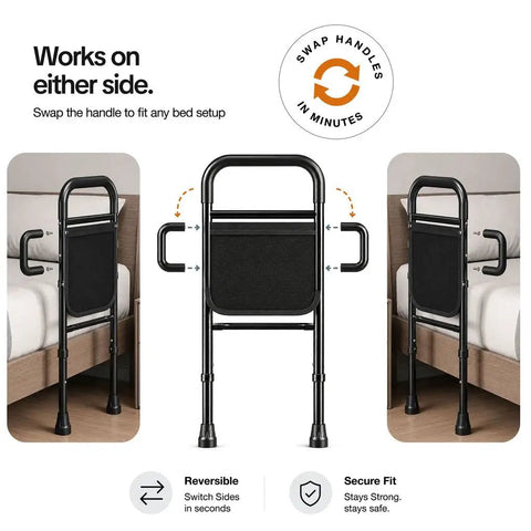 Senior Safe Bed Rails For Seniors No Fuss Easy To Install Under Mattress With Adjustable Height And Floor Support Fits King Queen Twin Beds Includes Security Strap Install On Either Side ASTM Approved image showing reversible handle installation options.