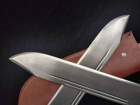 Close-up of Bart Cham Dao Damascus Steel Hand Made Sword With Brown Leather Sheath for Wing Chun Practice on a black background.