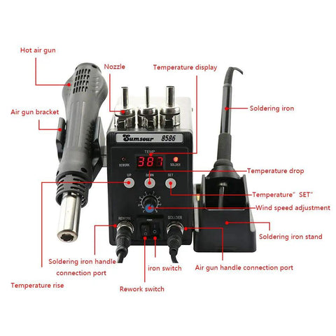 2in1 Hot Air Rework Station With Soldering Iron 750W 110V For SMD SMT BGA Desoldering, LCD display controls visible