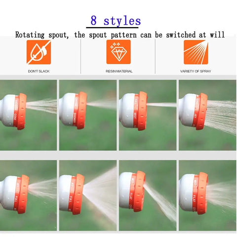 8 spray styles shown on rotating spout of Built Tough Stainless Steel Hose Reel, Heavy Duty Wall Mounted Water Hose Caddy.