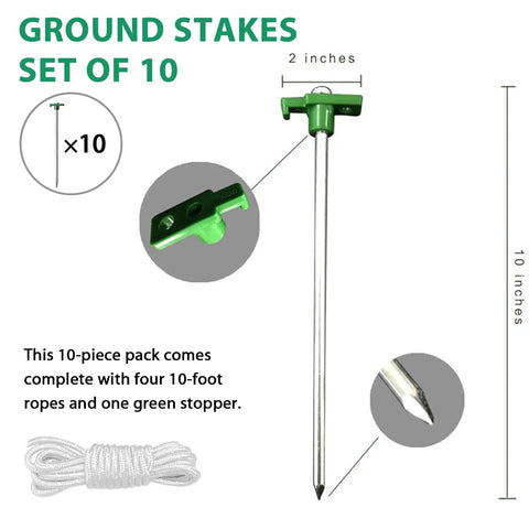 Beefy Heavy Duty Galvanized Tent Stakes 10 Pack With Ropes For High Winds Rust Proof Ground Pegs diagram and measurements