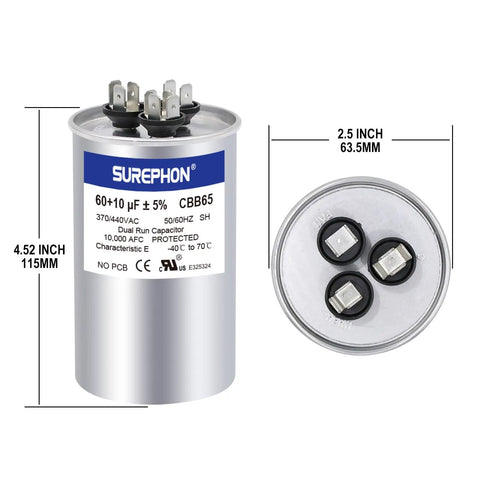 60uF And 10uF Dual Run Start Capacitor For AC Unit Fans, Heat Pumps, And Condensers, CBB65 370 To 440 VAC, Five Percent Tolerance