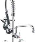 Robust Wall Mount Kitchen Sink Faucet With A Slick Polished Chrome Surface And High Pressure Pre Rinse Sprayer close-up view