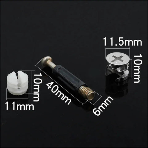 Rock Solid Cam Lock Fittings 50 Piece Thickened Furniture Hardware Kit With Cam Screws And Eccentric Wheel Nuts showing cam lock and screws.