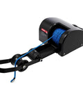 Rock Solid 35 Lb Electric Anchor Winch For Speedboats W/ Remote Control And 100 Ft Pre-Wound Rope showing durable construction and blue braided rope.