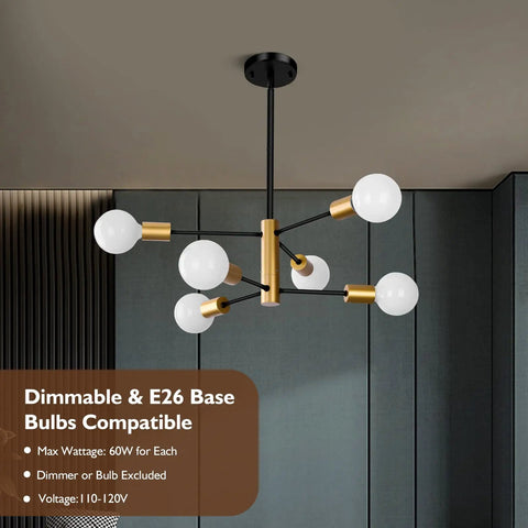 Straight Up Fire Modern Chandelier For Dining Room With Black And Gold Sputnik Ceiling Light Fixture Designed To Hella Elevate Your Everyday Home Vibe Instantly, featuring six globes and gold accents.