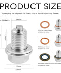 M14x1.5 Magnetic Oil Drain Plug Kit With Copper Gasket And Washers, dimensions and components detail view