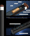 Close-up of Deadly Accurate Aviation Grade Carbon Fiber 3 Cushion Pool Cue detailing KL tip, Bakelite ferrule, and foam material.