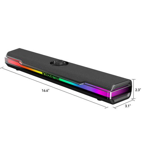 Boomin HiFi PC Speakers With Bluetooth 6.0 Dual 50mm Drivers Delivering 24W Peak Power RGB Light Bar USB C Plug And Play Gaming Desktop Sound For Computer Laptop And Tablet displayed from left angle with black finish and RGB lighting dimensions