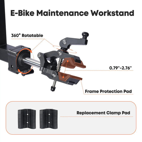 Electric Bike Repair Stand With 360 Degree Rotating Clamp Adjustable Height From 30 To 77 Inches 165 Lbs Capacity Tool Tray And Soft Pad Frame Protection Beefed Up Heavy Duty Bicycle Maintenance Stand For E Bikes And Mountain Bikes details of clamp and frame protection pad