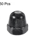 Top Shelf 50 Pack M4 Acorn Hex Cap Dome Nuts Slick Black Galvanized Steel fasteners, showing one nut for DIY projects and automotive use.