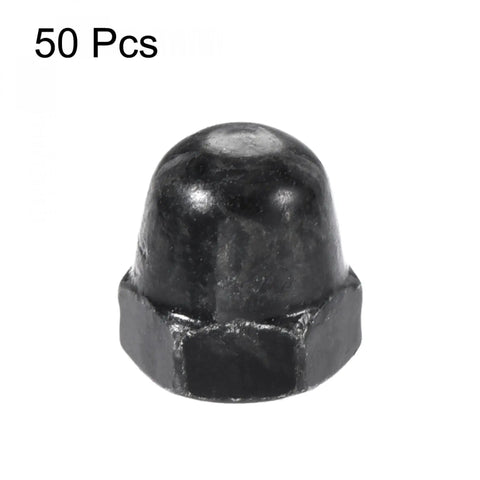 Top Shelf 50 Pack M4 Acorn Hex Cap Dome Nuts Slick Black Galvanized Steel fasteners, showing one nut for DIY projects and automotive use.