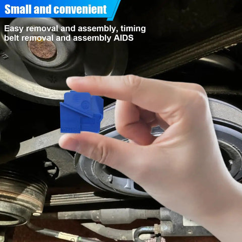 Close-up of hand holding 2 Piece Stretch Belt Mate Kit Plastic Belt Installer Tool against car engine backdrop