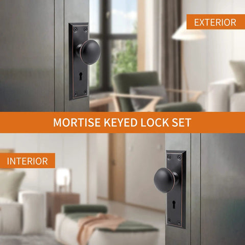 Antique Style Mortise Lock Set for Interior Doors With Privacy Lock shown on exterior and interior views, oil rubbed bronze finish