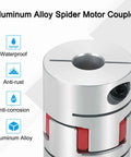 Aluminum alloy spider motor coupling for 7–12 mm shafts; L50mm x D35mm, silver with red clamps