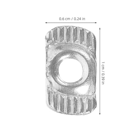 Hella Sturdy 150 Piece Sliding T Nut Set M3 Hammer Head T Slot Hardware Drop In Fasteners close-up of a silver T nut measuring 0.6 cm by 1 cm.
