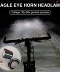 Rock Your Ride With This Super Cool 2 In 1 Waterproof E Bike LED Headlight That Doubles As A Loud Horn For Safety On Any Scooter Motorcycle Or Bicycle Out There. waterproof black headlamp for ebike handlebar, 36v-60v, with horn
