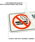 No Smoking No Vaping Sign Set Of 4, 9 By 3 Inch Stick On Wall Signs, protective film peeled off, rounded corners visible.