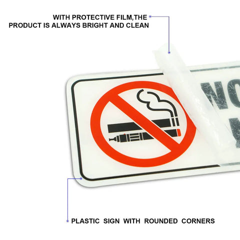 No Smoking No Vaping Sign Set Of 4, 9 By 3 Inch Stick On Wall Signs, protective film peeled off, rounded corners visible.