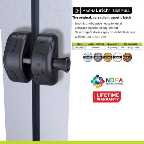 MagnaLatch Magnetic Gate Latch For Metal Wood Vinyl Fence Gates Does Not Lock Self Latching Durable Industrial Strength Polymer Adjustable Side Pull Gate Catch For Easy Secure Outdoor Access maglock side pull model on gate with warranty badge