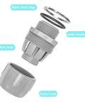 Twenty Pack Half Inch Liquid Tight Connectors Tough As Nails Nylon Flexible Conduit Fittings, showing breakdown of components including main body and dome nut.