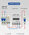 Wiring diagram showing Pro Grade Heavy Duty 40 Amp 2 Pole Din Rail Mount Leakage Protection Miniature Circuit Breaker AC 230V and 110V.