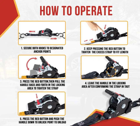 Instructional diagram for Auto Retract 1 Inch By 12 Foot No-Ratchet Ratchet Straps With Coated S Hooks For Motorcycles ATVs And Bikes.
