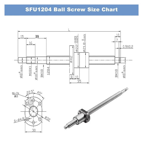 1204 Ball Screw With C7 Roller Nut For CNC Machines And Automated Machining, Pro Grade Precision, Rock Solid Linear Motion, Single Nut Design, BK BF10 End Machined Mounting, Ideal For DIY CNC Routers And Milling size chart and 3D view
