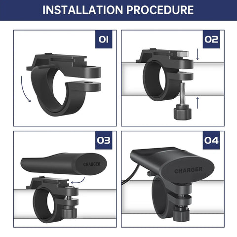 Installation steps for Drop It On Any Handlebar Mount Motorcycle USB Charger With 30W PD Dual Port Quick Charge.